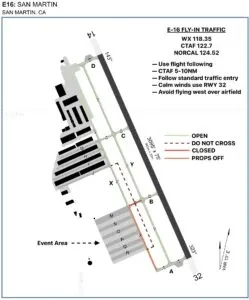 E16 San Martin Airport taxiway diagram showing propellers off zone and taxiway closures